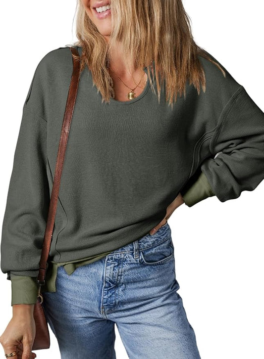 Dokotoo Womens Winter Fall V Neck Waffle Knit Tops Cropped Sweaters Long Sleeve Pullover Crop Top