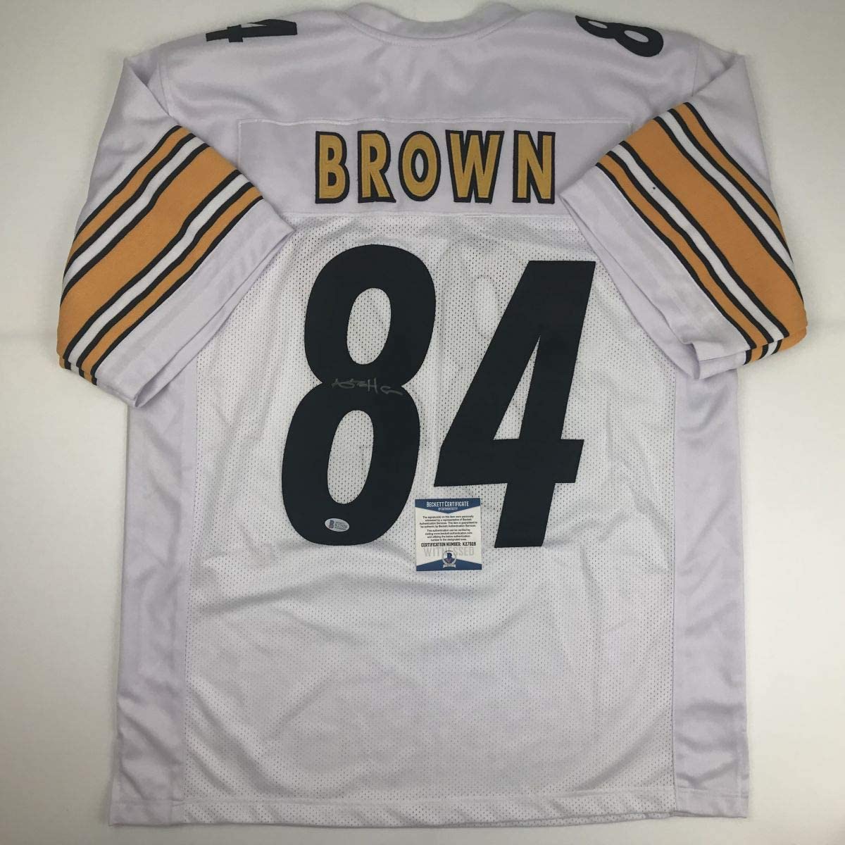 Autographed/Signed Antonio Brown Pittsburgh White Football Jersey Beckett BAS COA