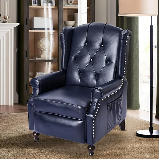 Wingback Recliner Chair with Massage and Heat PU Leather Push Back Arm Chair, Recliner Chair for Living Room Bedroom Home Theater (1, Navy Blue)