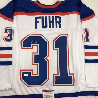 Autographed/Signed Grant Fuhr Edmonton White Hockey Jersey JSA COA