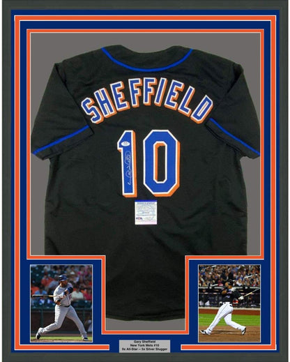 Framed Autographed/Signed Gary Sheffield 35x39 New York Black Baseball Jersey PSA/DNA COA