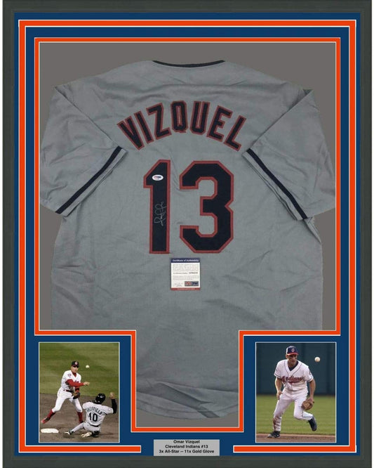 Framed Autographed/Signed Omar Vizquel 35x39 Cleveland Grey Baseball Jersey PSA/DNA COA