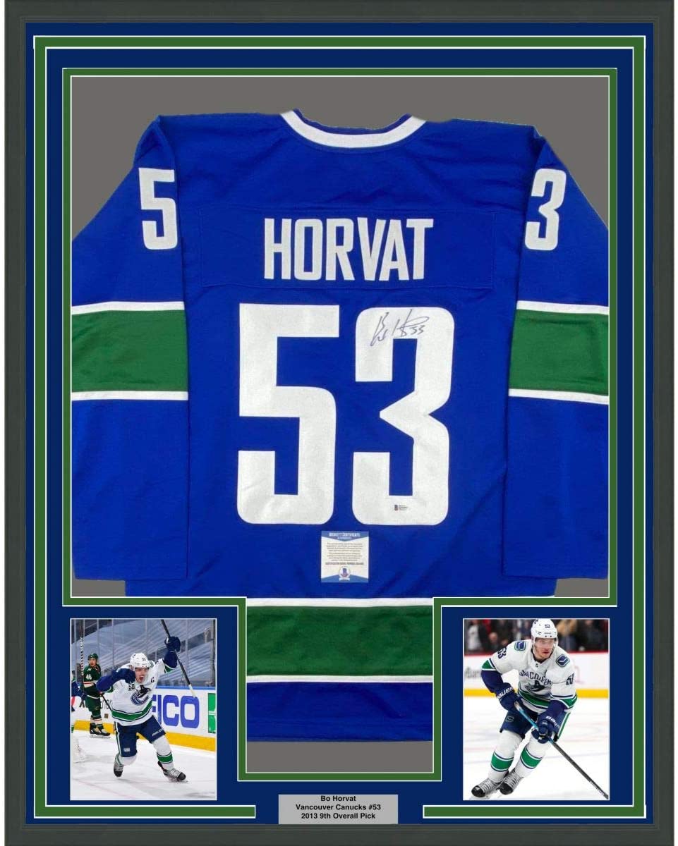 Framed Autographed/Signed Bo Horvat 35x39 Vancouver Blue Hockey Jersey Beckett BAS COA