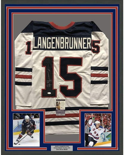 Framed Autographed/Signed Jamie Langenbrunner 35x39 Team USA United States White Hockey Jersey JSA COA