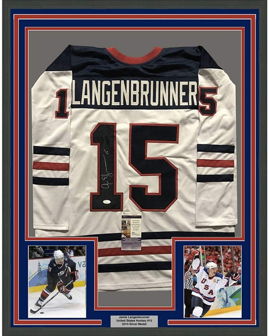 Framed Autographed/Signed Jamie Langenbrunner 35x39 Team USA United States White Hockey Jersey JSA COA