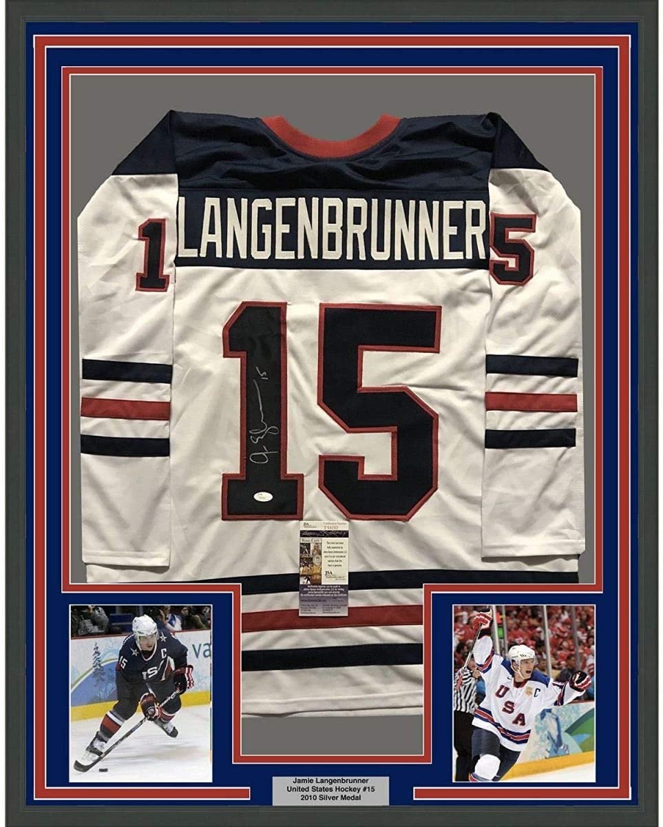 Framed Autographed/Signed Jamie Langenbrunner 35x39 Team USA United States White Hockey Jersey JSA COA