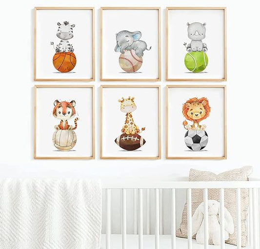 Baby Boy Wall Art Set of 6 Nursery Sports Prints Decor Nursery Animal Wall Art Boys Nursery Canvas Wall Art Jungle Safari Wall Art Boy Room Bedroom Art Woodland Animal Pictures 8x10 Inch UNFRAMED
