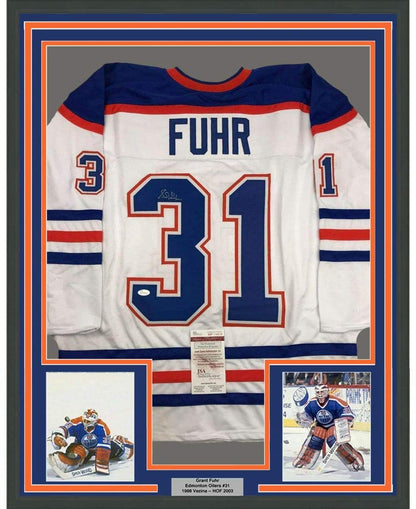 Framed Autographed/Signed Grant Fuhr 35x39 Edmonton White Hockey Jersey JSA COA