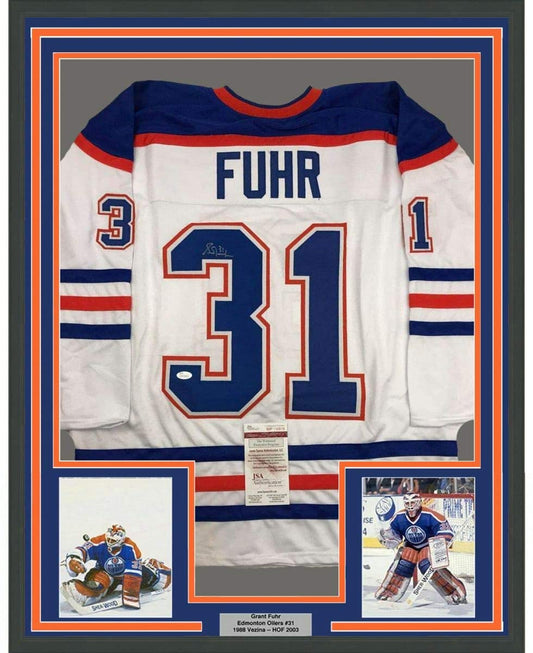 Framed Autographed/Signed Grant Fuhr 35x39 Edmonton White Hockey Jersey JSA COA