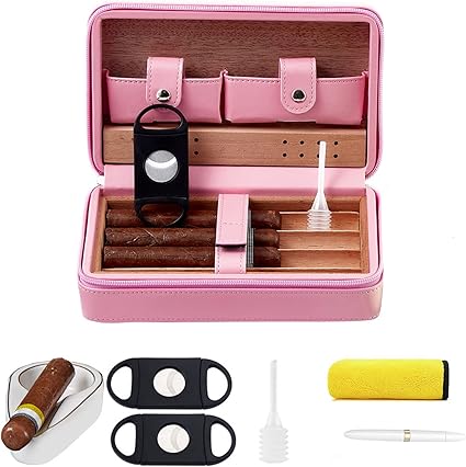 Cigar Humidors, Portable Humidor for Travel and Valentine's Day Presents, Cedar Wood Brown Leather Cigar Accessories with 6 Set´__Cigar Cutter*2, Ashtray, Cleaning Pen, Towel´__