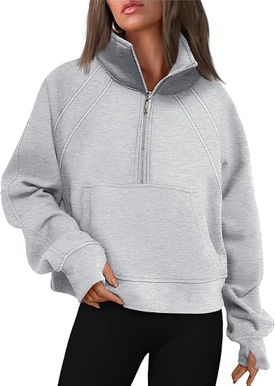 WYNNQUE Womens Quarter Zipper Pullover Oversized Sweatshirts Cropped Fleece Half Zip Hoodies Fall Clothes Sweaters Thumb Hole