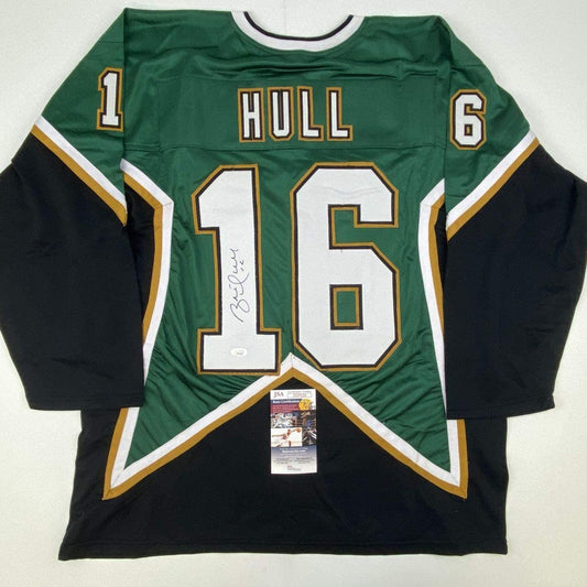 Autographed/Signed Brett Hull Dallas Green Hockey Jersey JSA COA