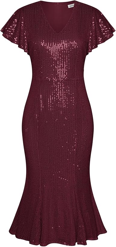 GRACE KARIN Women_„Žs Formal Sequin Dress Cap Sleeve Elegant Mermaid Dress Glitter Sparkly Cocktail Party Dress with Belt