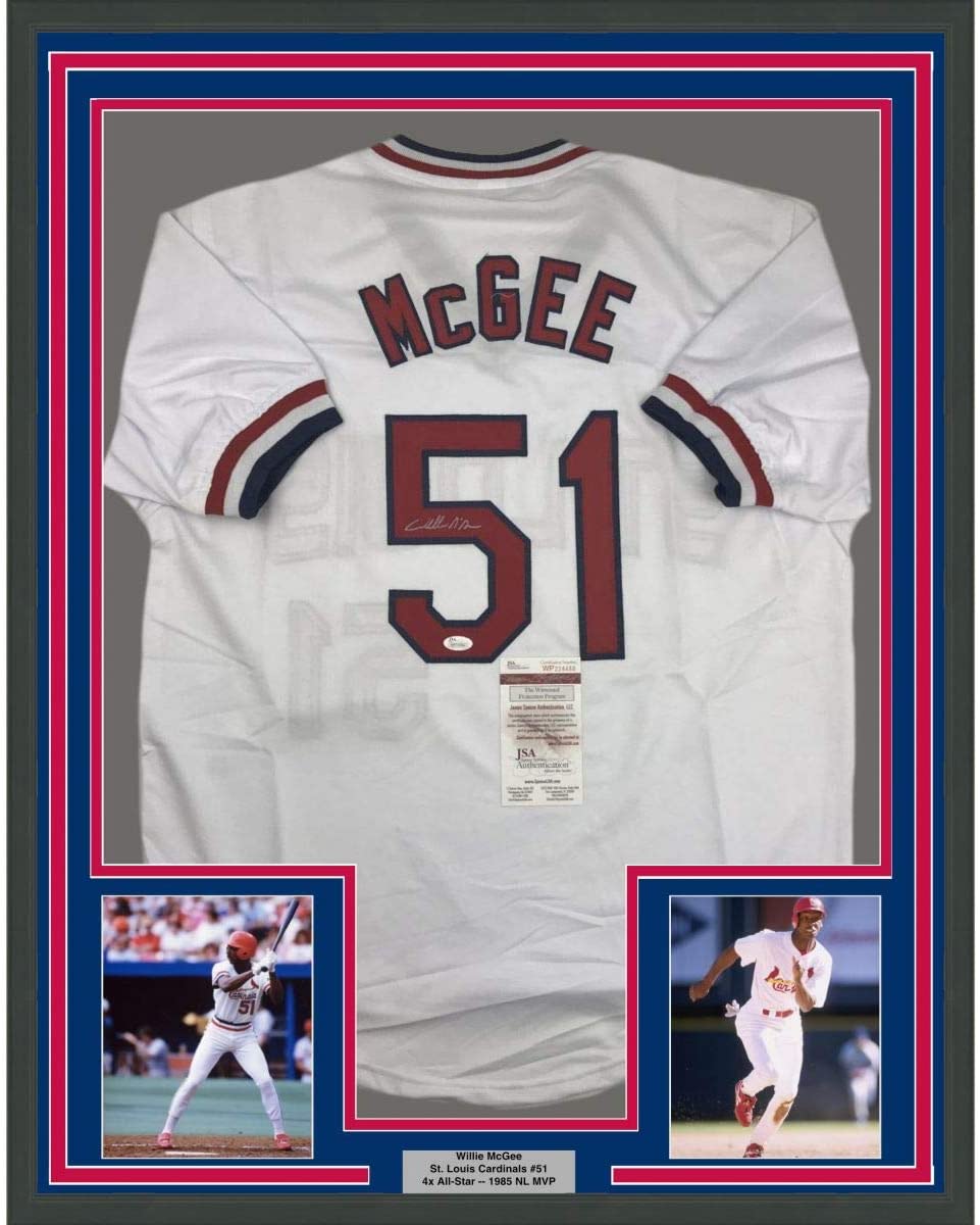 Framed Autographed/Signed Willie McGee 35x39 St. Louis White Baseball Jersey JSA COA