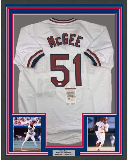 Framed Autographed/Signed Willie McGee 35x39 St. Louis White Baseball Jersey JSA COA