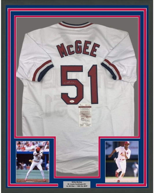 Framed Autographed/Signed Willie McGee 35x39 St. Louis White Baseball Jersey JSA COA