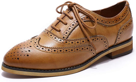 Mona flying Women's Comfortable Wingtip Oxfords Brogue Saddle Lace-up Leather Shoes for Ladies