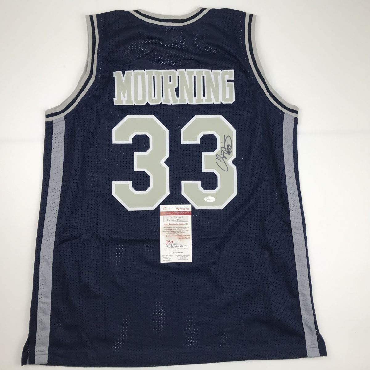 Autographed/Signed Alonzo Mourning Georgetown Blue College Basketball Jersey JSA COA