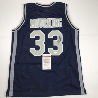 Autographed/Signed Alonzo Mourning Georgetown Blue College Basketball Jersey JSA COA
