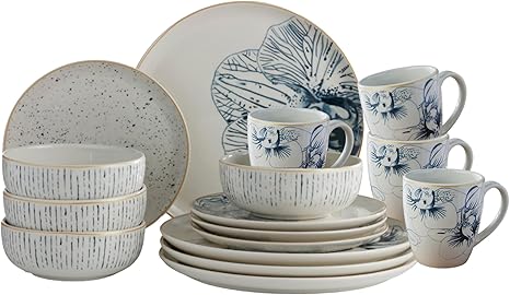 Corona 16_†_piece Blue Orchid Pattern Design Ceramic Dinnerware Sets | Plates, Bowls and Mugs | Service For 4 | Cattleya