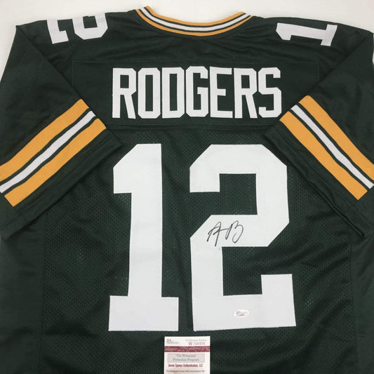 Autographed/Signed Aaron Rodgers Green Bay Green Football Jersey JSA COA