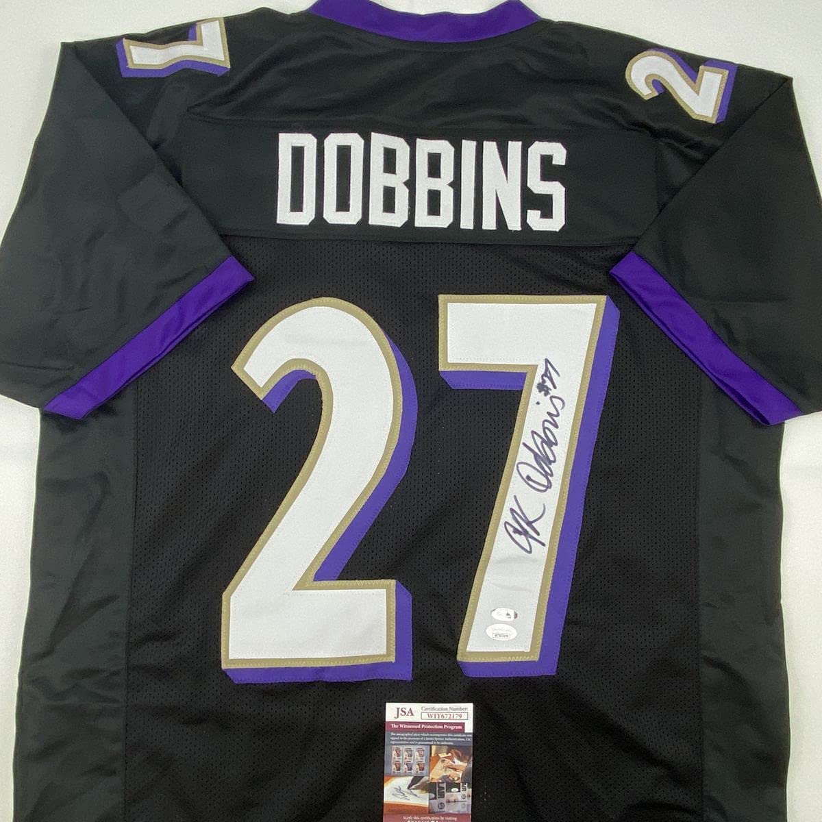 Autographed/Signed JK J.K. Dobbins Baltimore Black Football Jersey JSA COA
