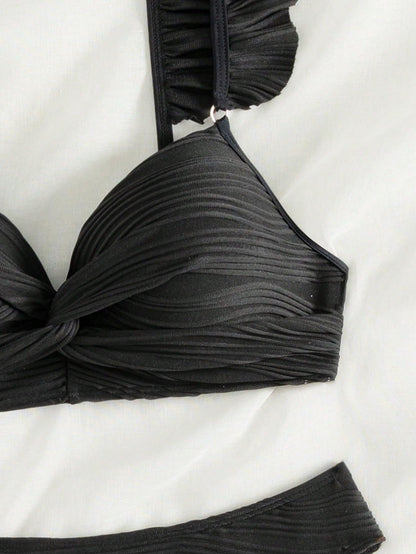 MakeMeChic Women's 2 Piece Bikini Set Ruffle Trim Push Up High Cut Bathing Suit Swimsuit Black S