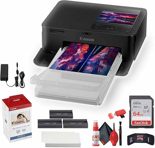 Canon SELPHY CP1500 Compact Photo Printer (Black) (5539C001) KP-108IN Color Ink and Paper Set + 64GB Ultra Memory Card + Cleaning Kit + Memory Card Wallet + Card Reader