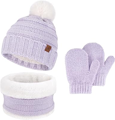 Toddler Kids Winter Warm Knit Beanie Hat Neck Warmer Scarf Gloves Set with Pompom Fleece Gifts for 0-5 Years Old Girls Boys