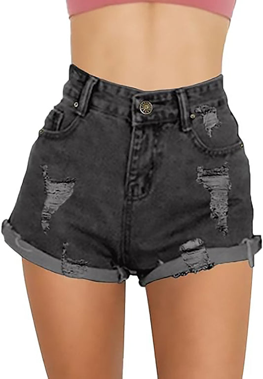 Cuihur Women's Summer Casual Jeans Ripped Denim Shorts High Waisted Rolled Hem Distressed Short Jeans a-Black Grey XL