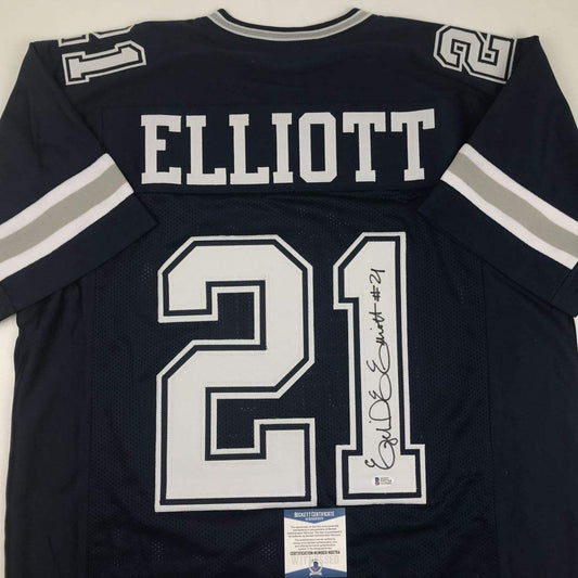 Autographed/Signed Ezekiel Elliott Dallas Dark Blue Football Jersey Beckett BAS COA