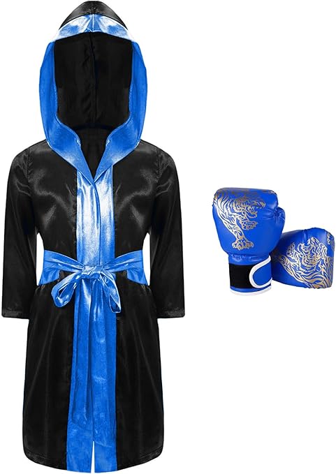 JEATHA Kids Boys Boxing Outfit Metallic Satin Robe Open Front Hooded Grown Cloak with Belt And Boxer Boxer Gloves Set