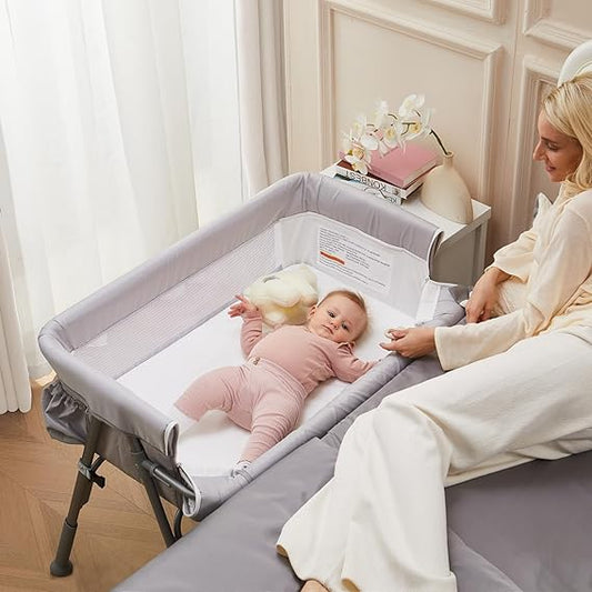 Baby Bassinet Beside Sleeper, Newborn Beds Cribs Cradles, Mosquito Net, 5 Levels Adjustable Height, Mattress, Breathable Mesh, Easy Folding Portable Travel Wheels Auto-Lock Light Grey