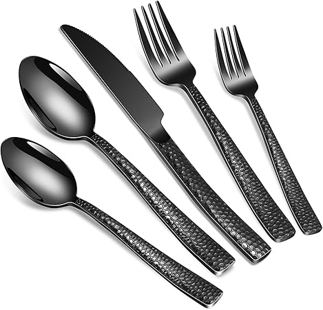 40-Piece Silverware Set, Black Hammered Stainless Steel Flatware Sets for 8, Food-Grade Tableware Set, Including Fork Knife Spoon Set, Home Kitchen Cutlery Sets, Dishwasher Safe
