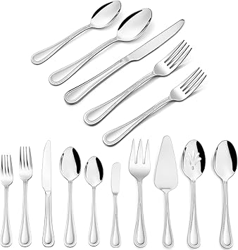 65-Piece Silverware Set with Serving Utensils, HaWare Stainless Steel Flatware Service for 12, Pearled Edge Tableware Cutlery for Home Restaurant Party, Mirror Polished, Dishwasher Safe