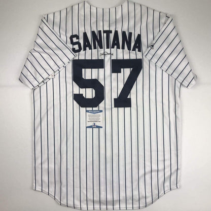 Autographed/Signed Johan Santana Minnesota Pinstripe Baseball Jersey Beckett BAS COA