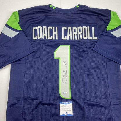 Autographed/Signed Coach Pete Carroll Seattle Blue Football Jersey Beckett BAS COA