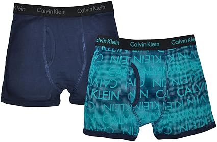 Calvin Klein Little/Big Boys' Assorted Boxer Briefs (Pack Of 2) (Navy/Teal Logo, Small/6-7)