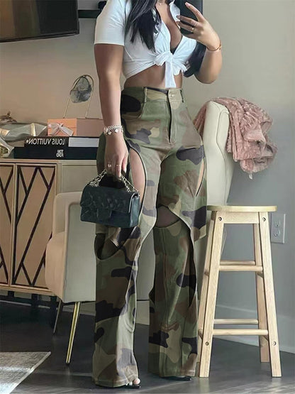 Womens Camo Cargo Pants High Waist Y2K Baggy Cut Out Straight Leg Casual Trousers Streetwear