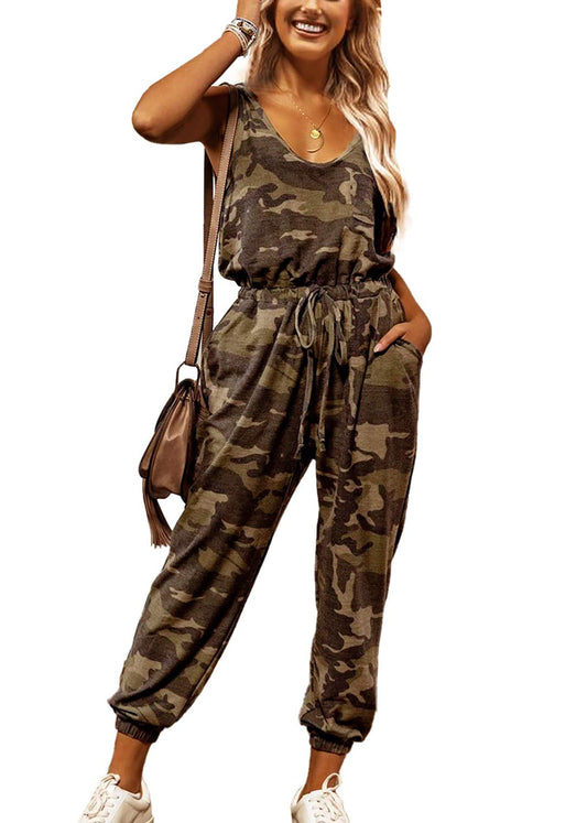KIRUNDO Women's 2024 Summer Jumpsuits Casual Sleeveless Jumpsuit Drawstring Waist Long Pant Romper Pajama with Pockets(Camouflage-Yellow Green, Large)