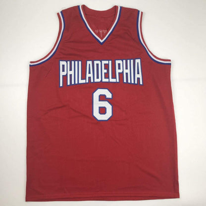 Autographed/Signed Julius Erving Dr. J Philadelphia Red Basketball Jersey Beckett BAS COA