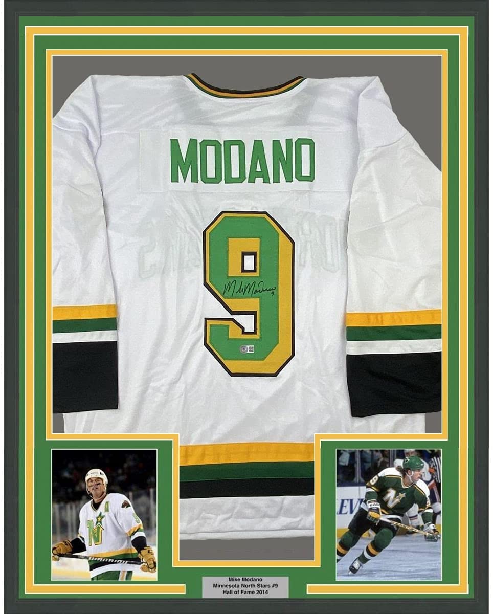 Framed Autographed/Signed Mike Modano 35x39 Minnesota White Hockey Jersey Beckett BAS COA