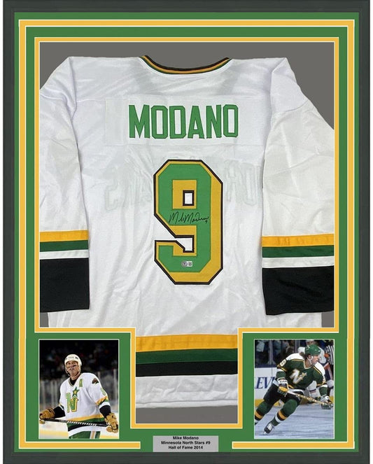 Framed Autographed/Signed Mike Modano 35x39 Minnesota White Hockey Jersey Beckett BAS COA