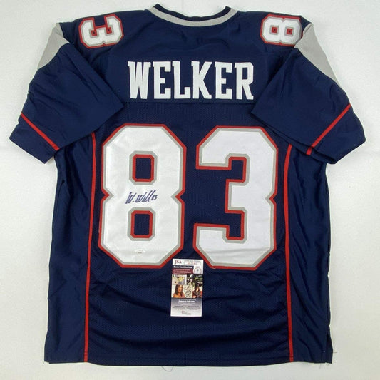 Autographed/Signed Wes Welker New England Blue Football Jersey JSA COA