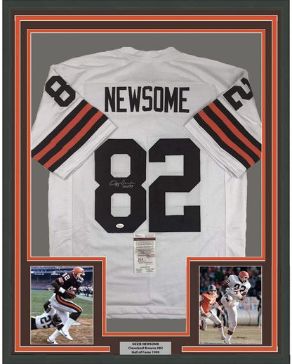 Framed Autographed/Signed Ozzie Newsome HOF 99 35x39 Cleveland White Football Jersey JSA COA
