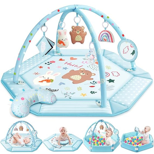 Baby Gym Play Mat, 8-in-1 Tummy Time Mat & Ball Pit with 6 Toys, Washable Baby Activity Mat for Visual, Hearing, Sensory, Motor Development, Baby Gift for Newborn Infant 0-3-6-9-12 Months (Blue)