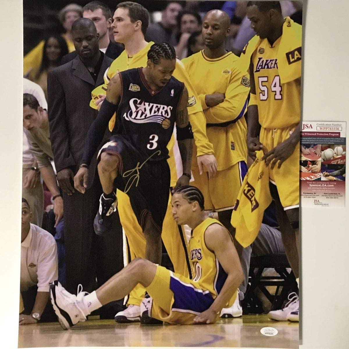 Autographed/Signed Allen Iverson Tyronn Lou Step-Over Philadelphia 76ers Sixers 16x20 Basketball Photo JSA COA