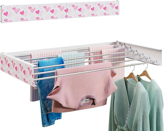 40 Inches Clothes Drying Rack with Pink Hearts, Wall Mounted Laundry Room Art Drying Rack, 6 Dryer Rods, 19.7 Linear Ft, Foldable and Space Saving, Gift for Wife (40.0", Love)