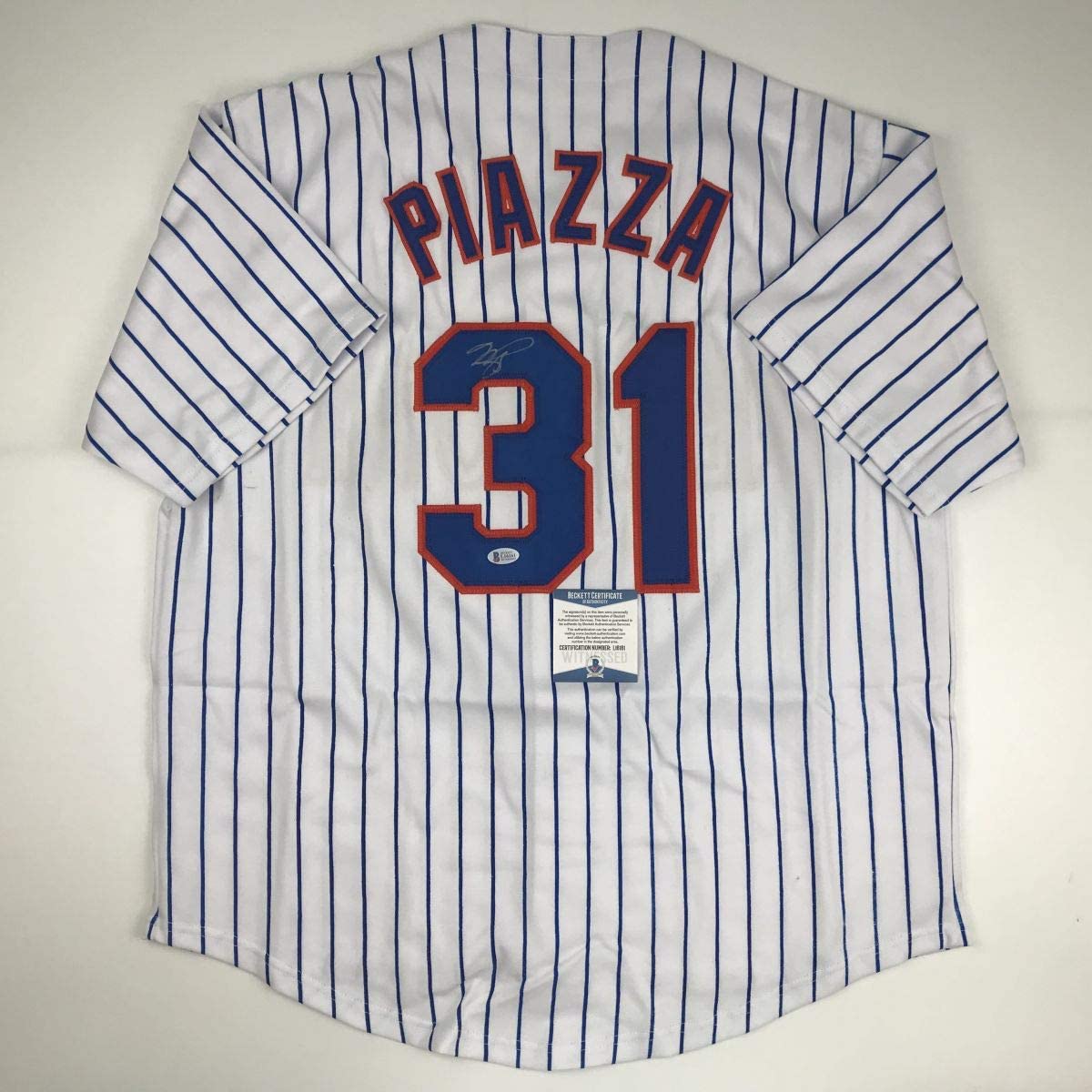 Autographed/Signed Mike Piazza New York NY Pinstripe Baseball Jersey Beckett BAS COA