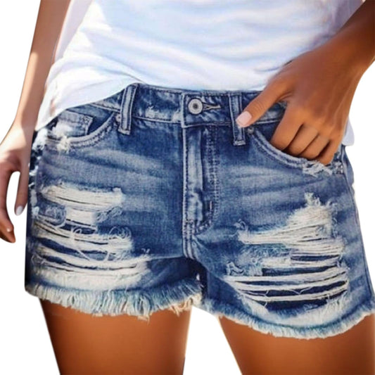 Women's Ripped Denim Shorts Mid Rise Distressed Jean Shorts Casual Summer Stretchy Ripped Shorts
